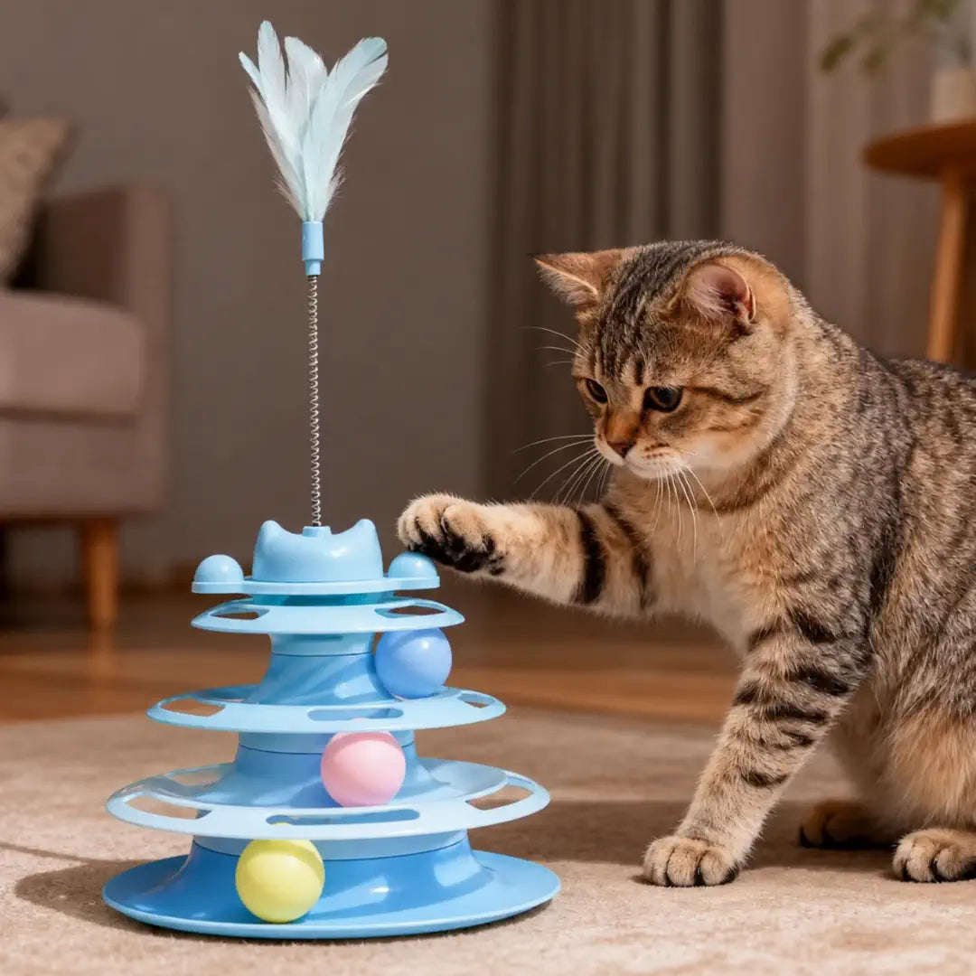 Brinquedo para gato interativo torre com bolinhas e pena