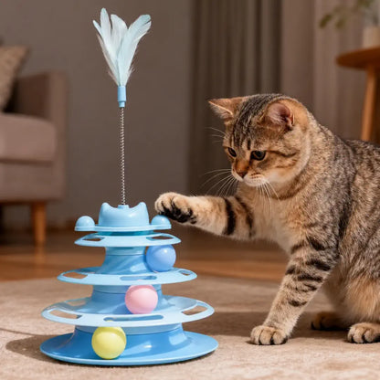 Brinquedo para gato interativo torre com bolinhas e pena