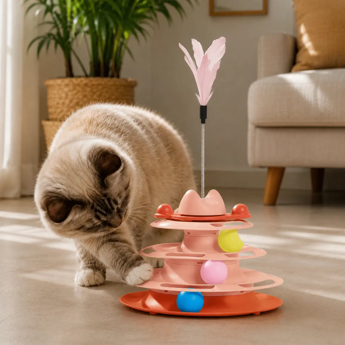 Brinquedo para gato interativo torre com bolinhas e pena