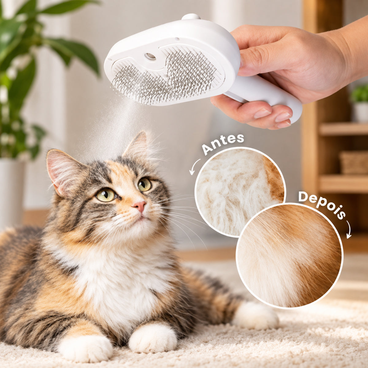 Escova para gatos e cachorros tira pelos a vapor com cerdas macias